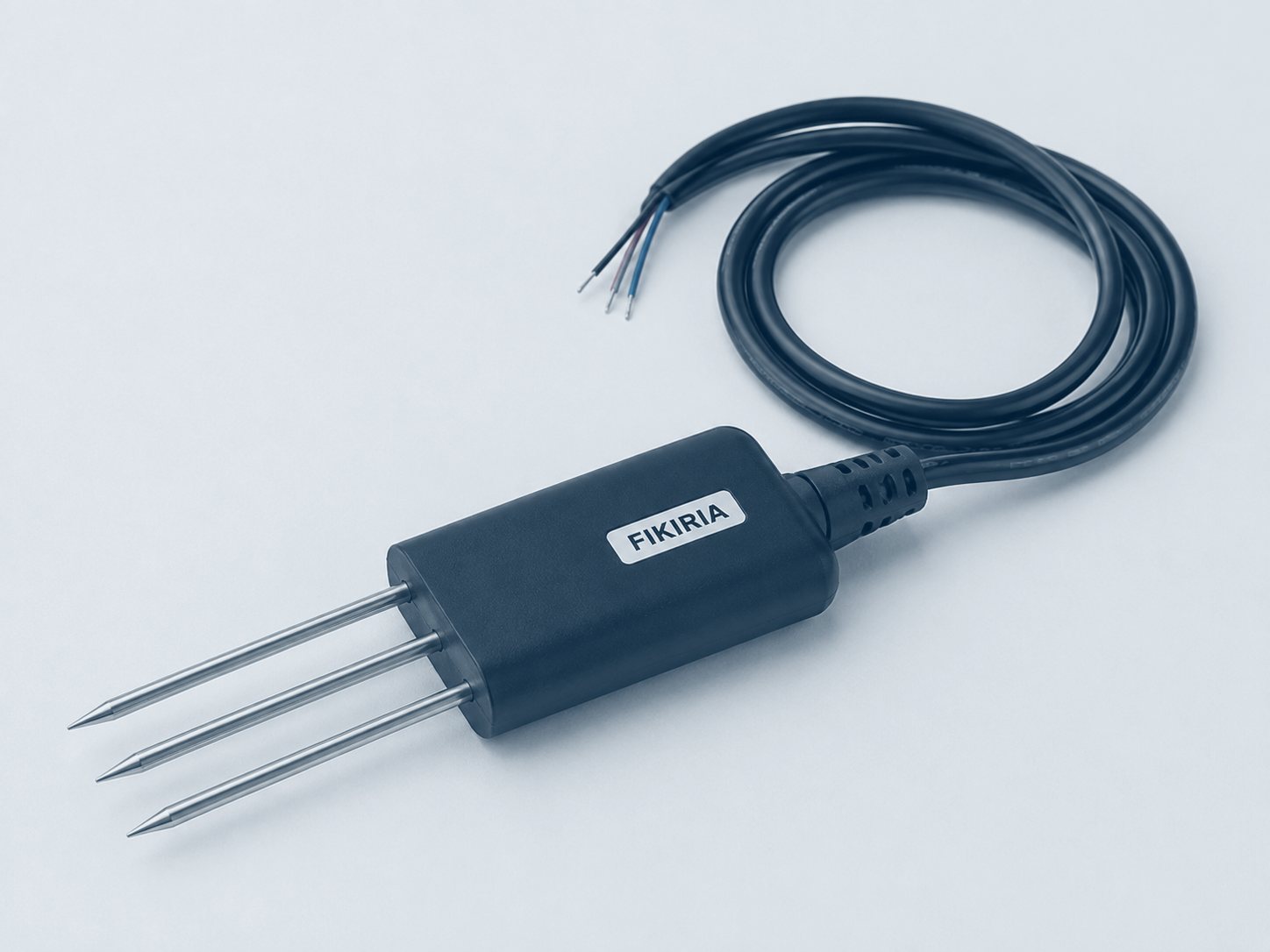 Sonda de solo FIKIRIA com três hastes metálicas e cabo de conexão