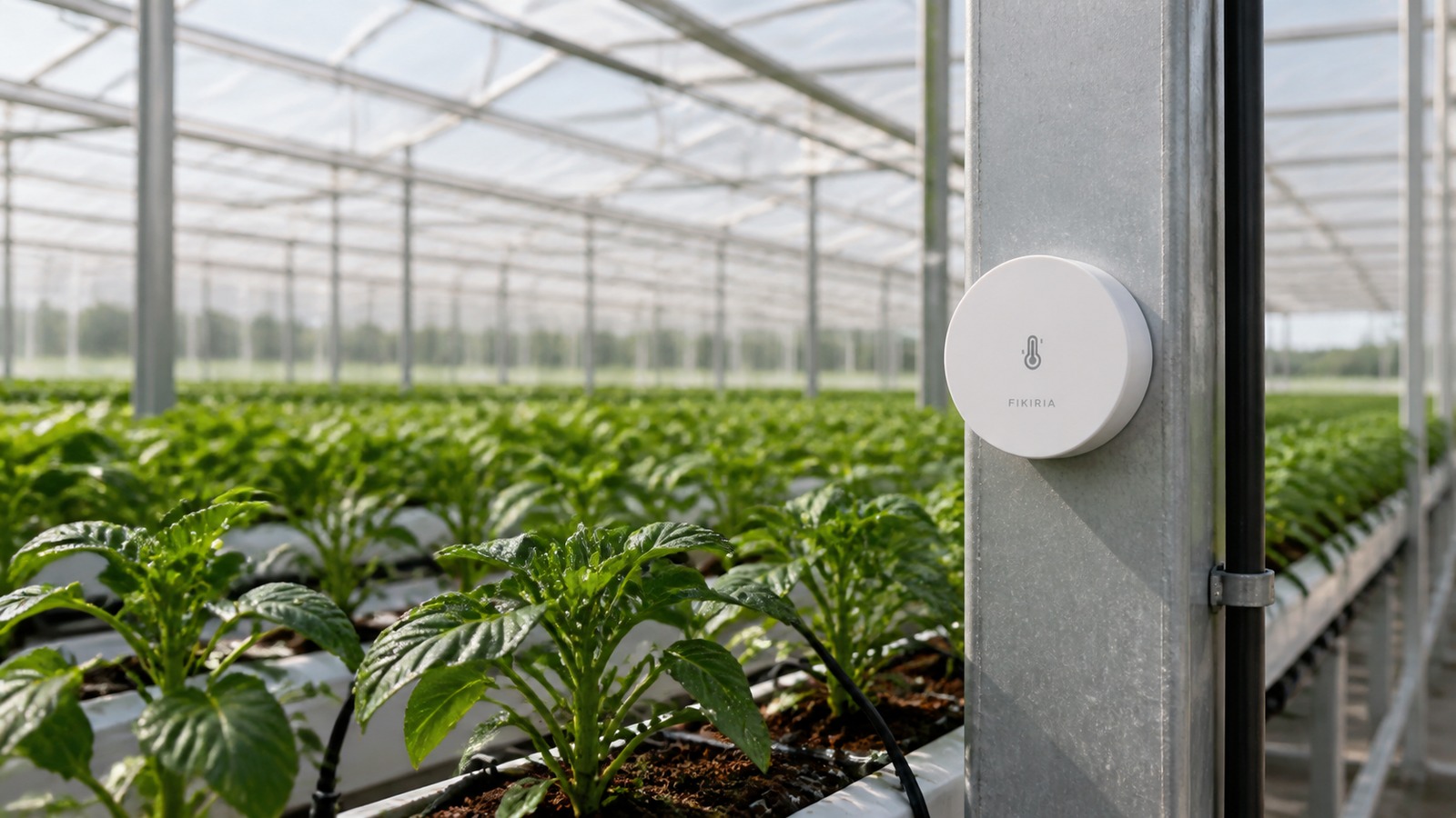 Sensor sem fio FIKIRIA instalado em estrutura de uma estufa produtiva, próximo às linhas de cultivo