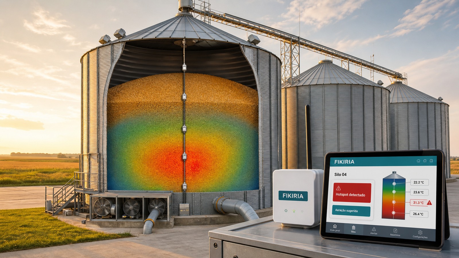 Silo agrícola realista em corte, com grãos armazenados, sensores em diferentes alturas, sistema de aeração e plataforma FIKIRIA