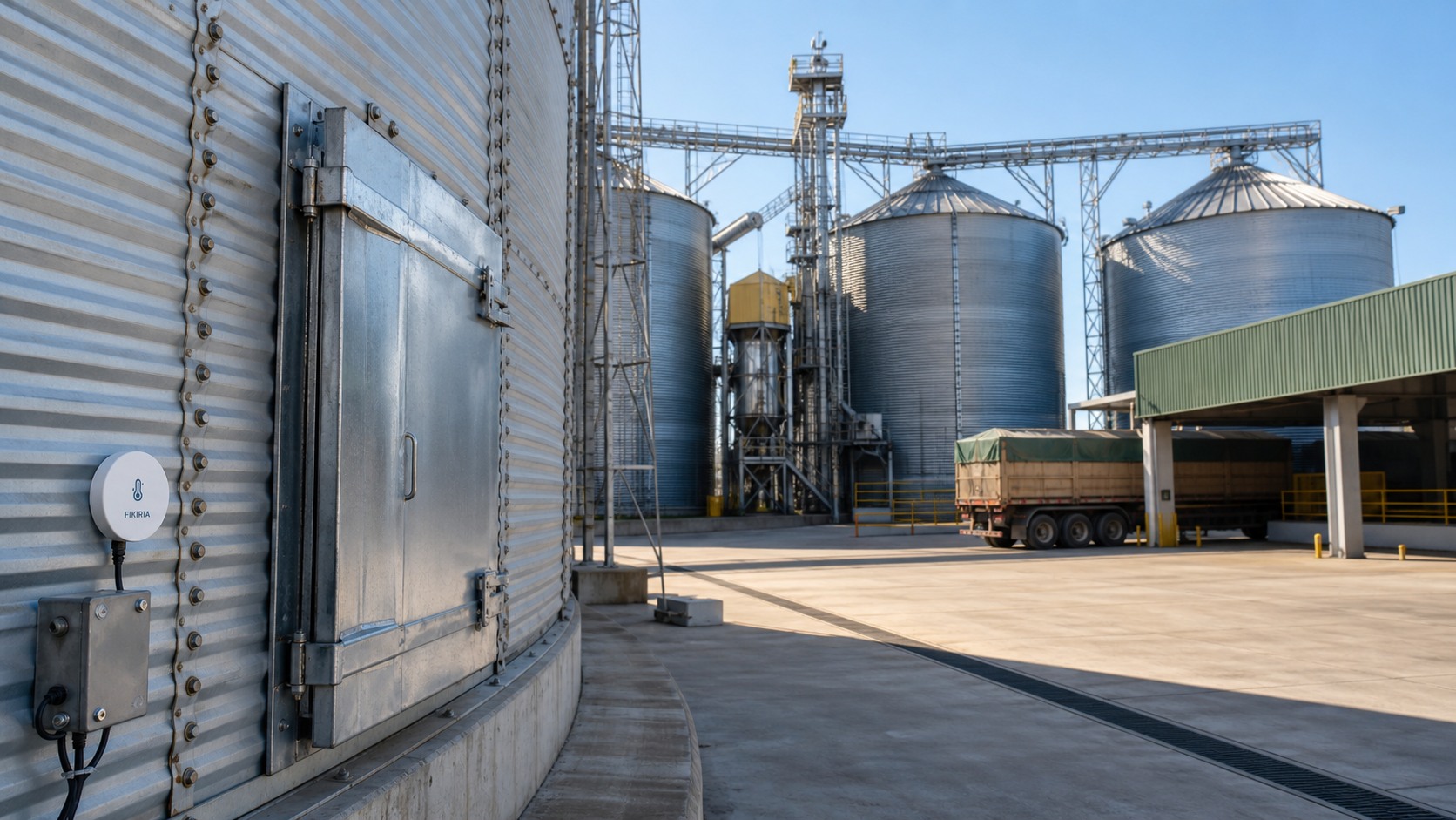 Complexo moderno de armazenagem de grãos com silos metálicos e sensor FIKIRIA instalado junto ao acesso de inspeção