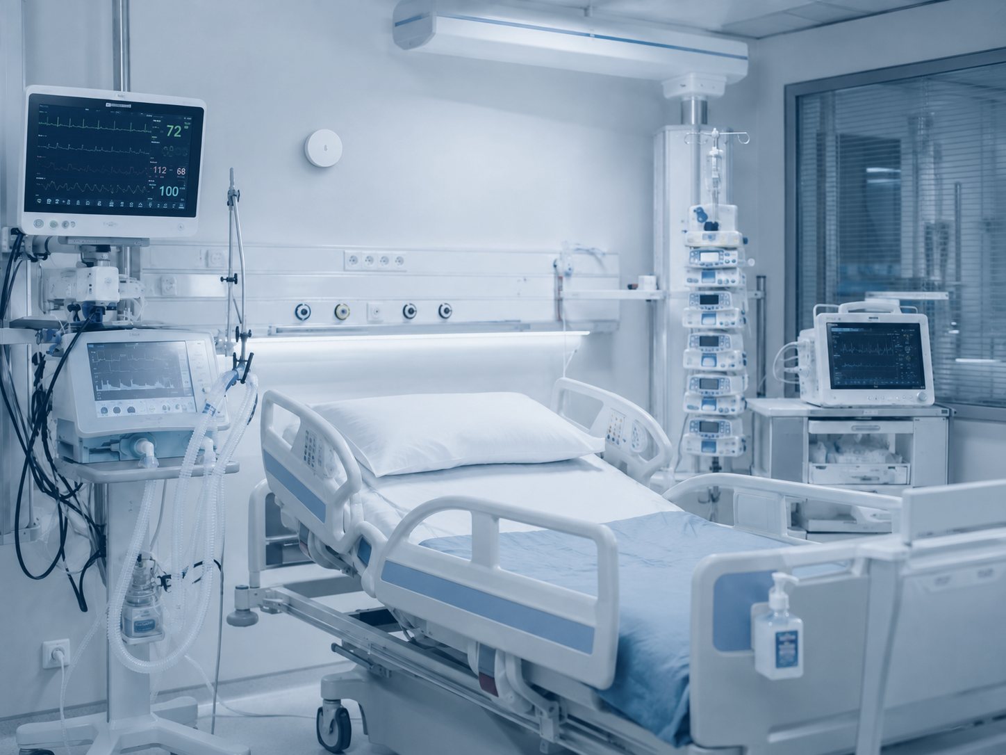 Leito de CTI equipado com monitores e bombas de infusão