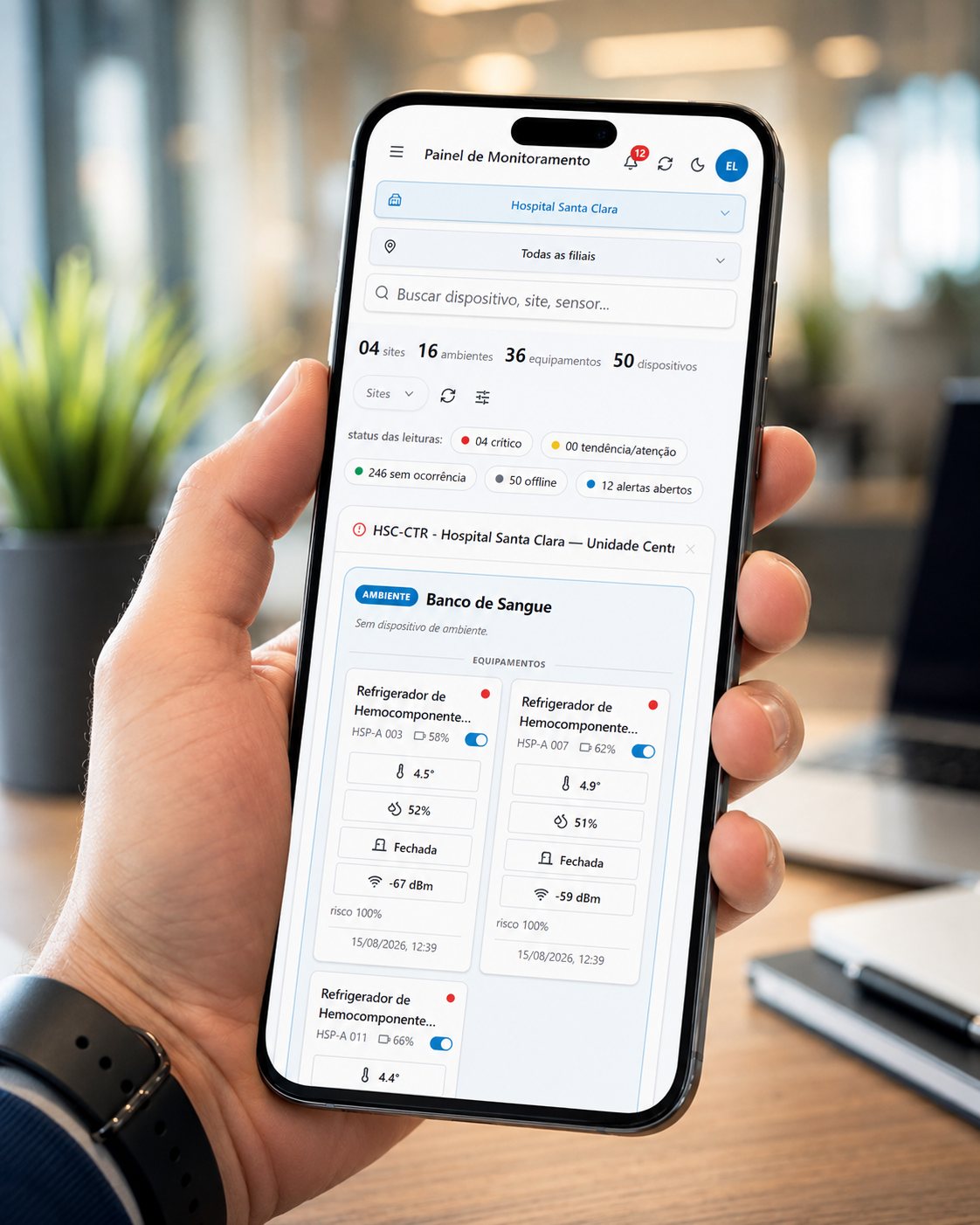 Painel de monitoramento aberto no celular, mostrando o resumo de sites, ambientes e alertas abertos