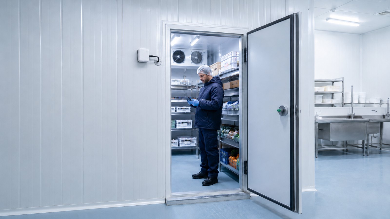 Porta de câmara fria aberta vista da cozinha, com sensor FIKIRIA na parede externa e operador conferindo o estoque refrigerado