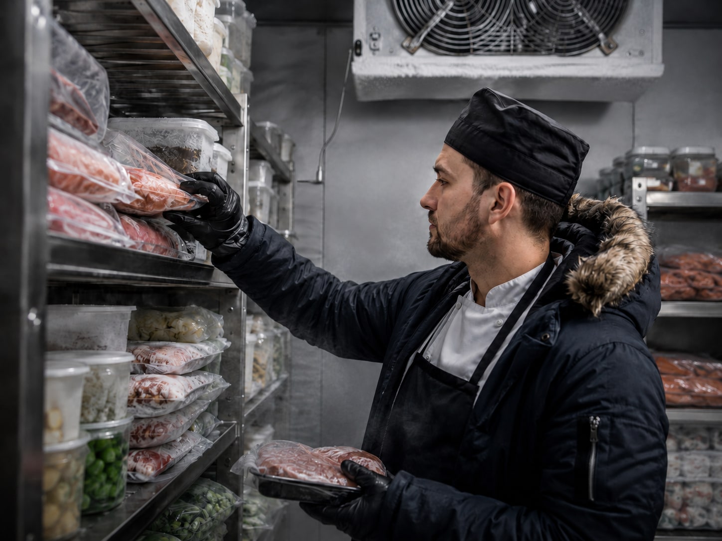 Profissional de cozinha organizando alimentos em câmara fria de restaurante