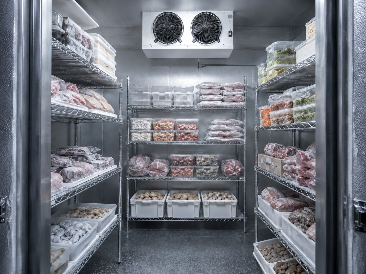Câmara refrigerada de supermercado com alimentos organizados em prateleiras