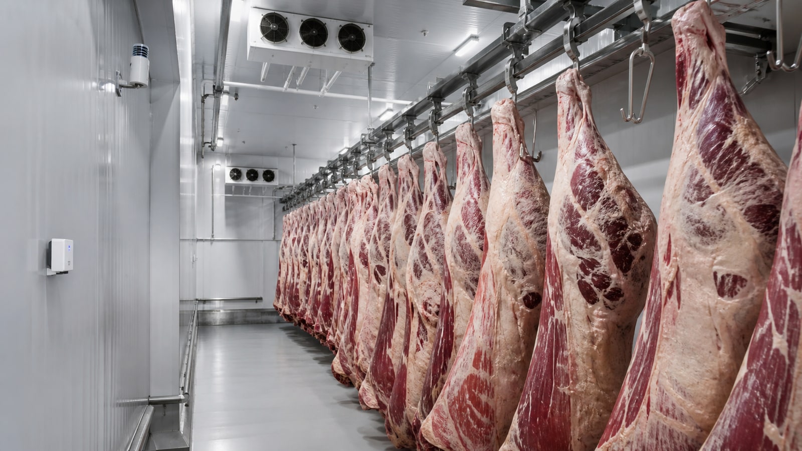 Câmara frigorífica com peças bovinas refrigeradas organizadas em trilhos e sensores discretos