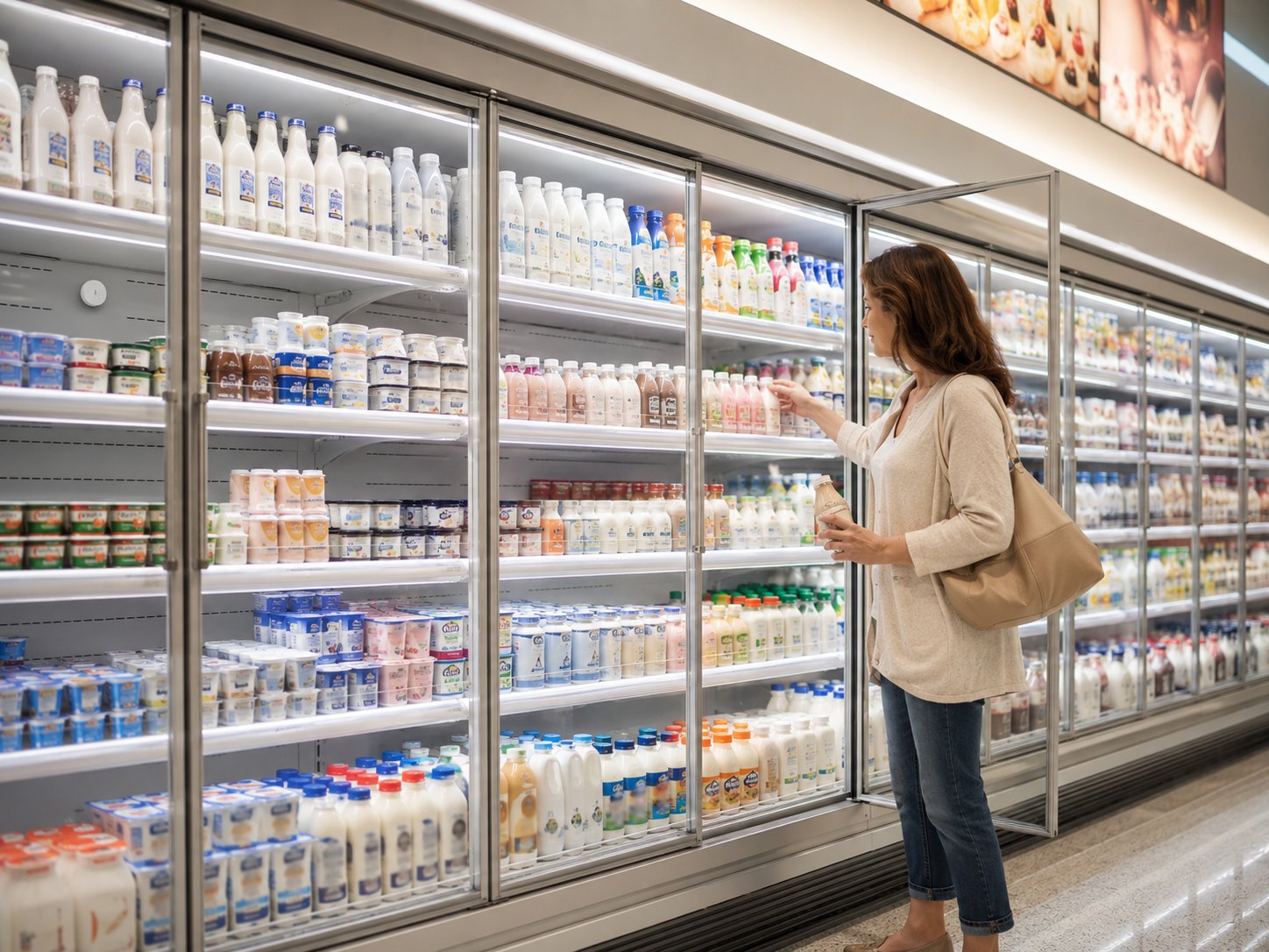 Sensor instalado em expositor refrigerado de laticínios em supermercado