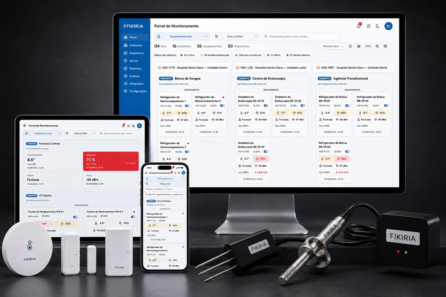 Sensores FIKIRIA de temperatura, umidade, porta e sonda de solo ao lado do painel de monitoramento aberto em monitor, tablet e celular