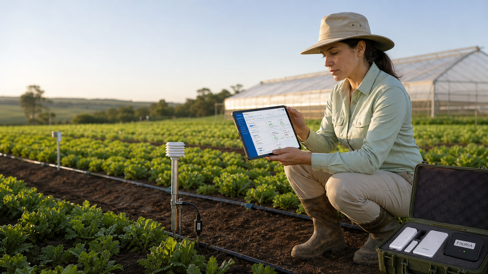 Profissional agrícola apresenta o painel FIKIRIA em plantação monitorada por sensores ambientais e de solo
