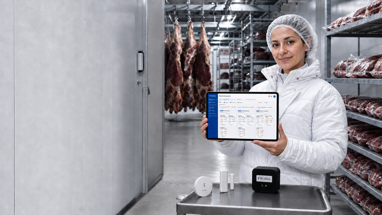 Profissional em câmara frigorífica apresenta o painel FIKIRIA diante de carnes armazenadas e sensores de monitoramento