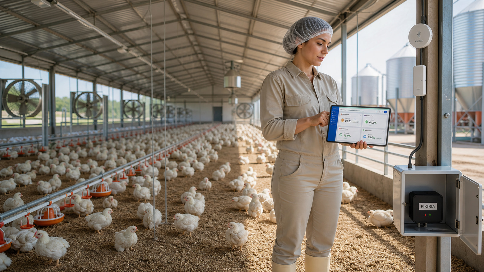 Profissional de granja apresenta o painel FIKIRIA em aviário monitorado por sensores ambientais