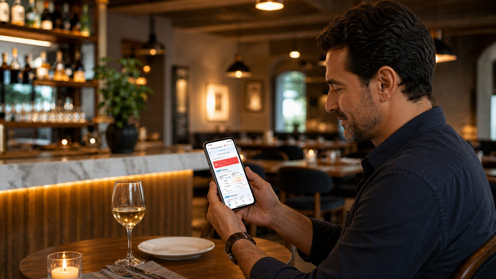 Dono de restaurante consulta o painel FIKIRIA no celular, sentado no salão do estabelecimento