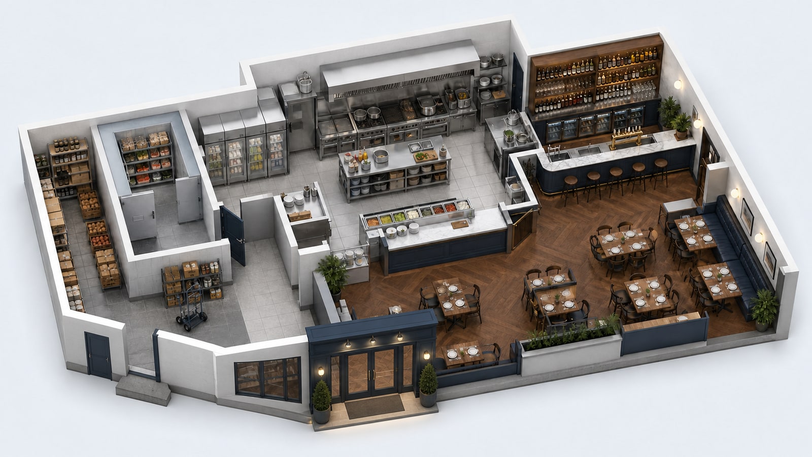 Maquete isométrica de restaurante e bar com cozinha, câmaras, estoque, bar e salão
