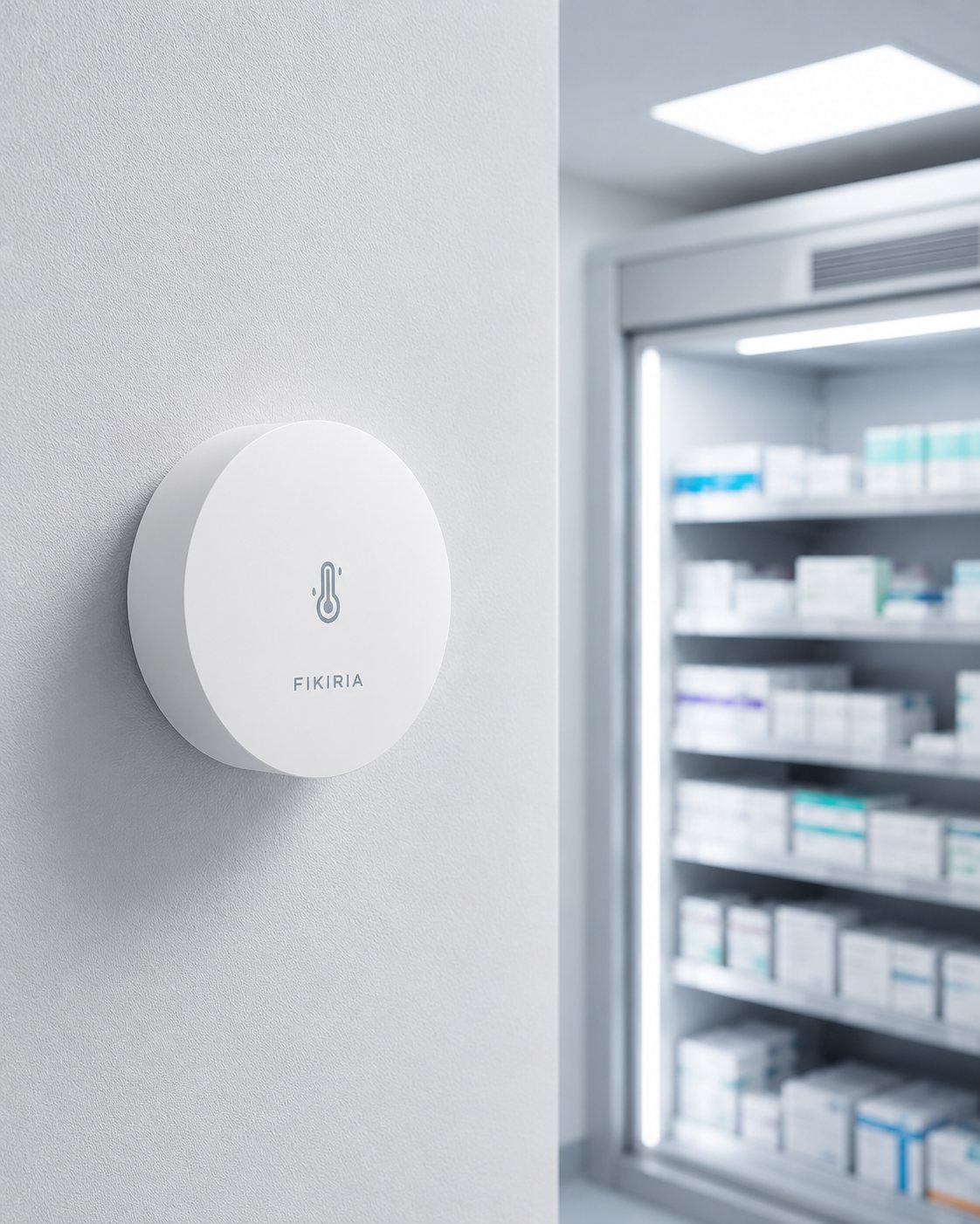 Sensor de temperatura e umidade FIKIRIA fixado na parede, ao lado de refrigerador de farmácia com medicamentos