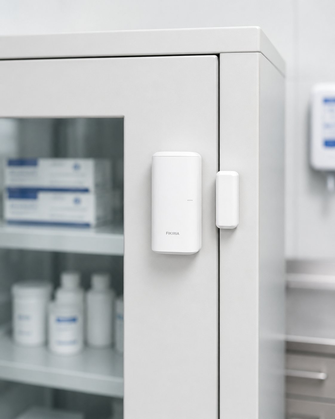Sensor de abertura de porta FIKIRIA instalado em armário de medicamentos
