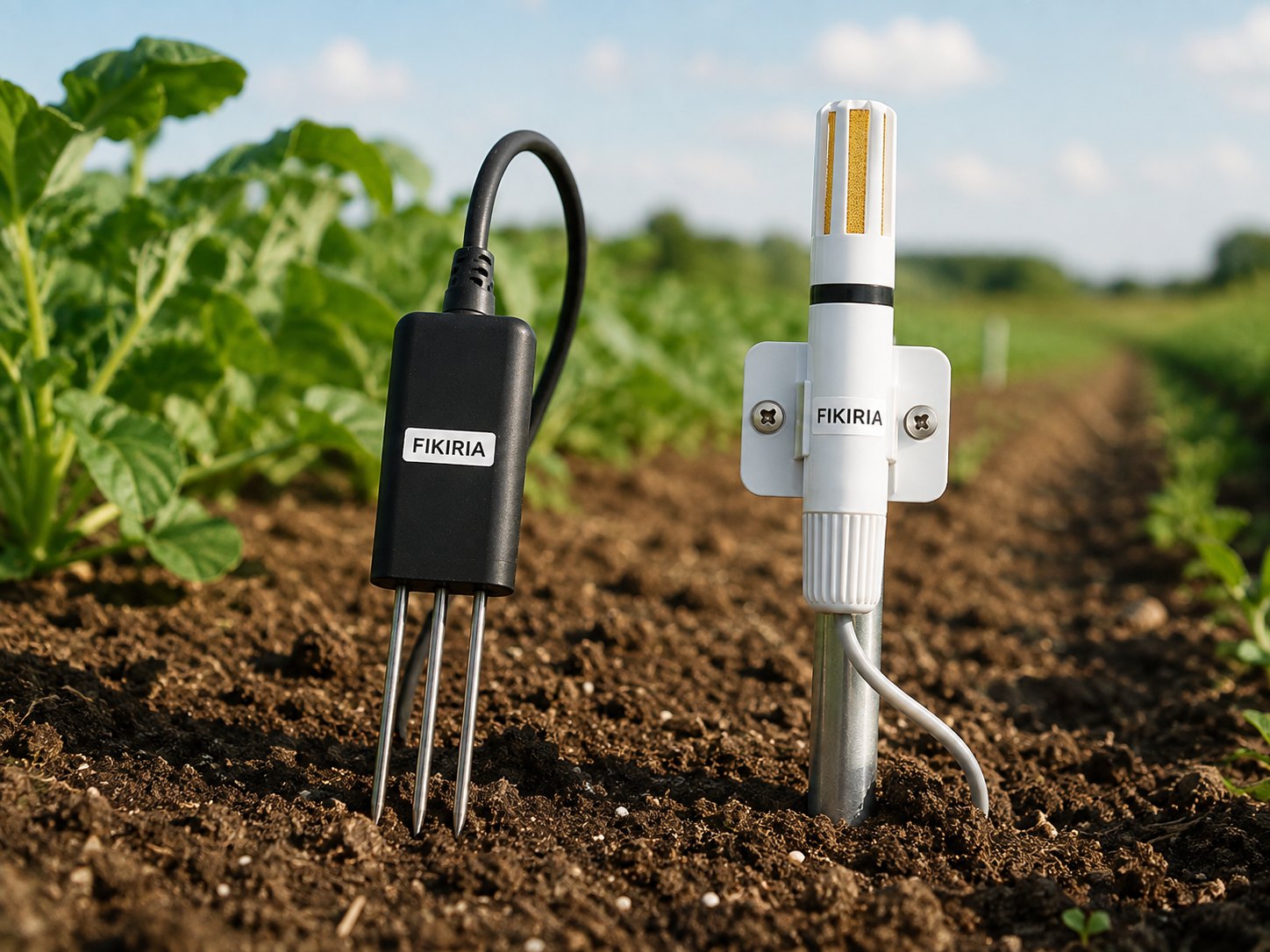 Sonda de umidade do solo e sensor de umidade e temperatura FIKIRIA instalados entre as linhas de plantio de uma lavoura