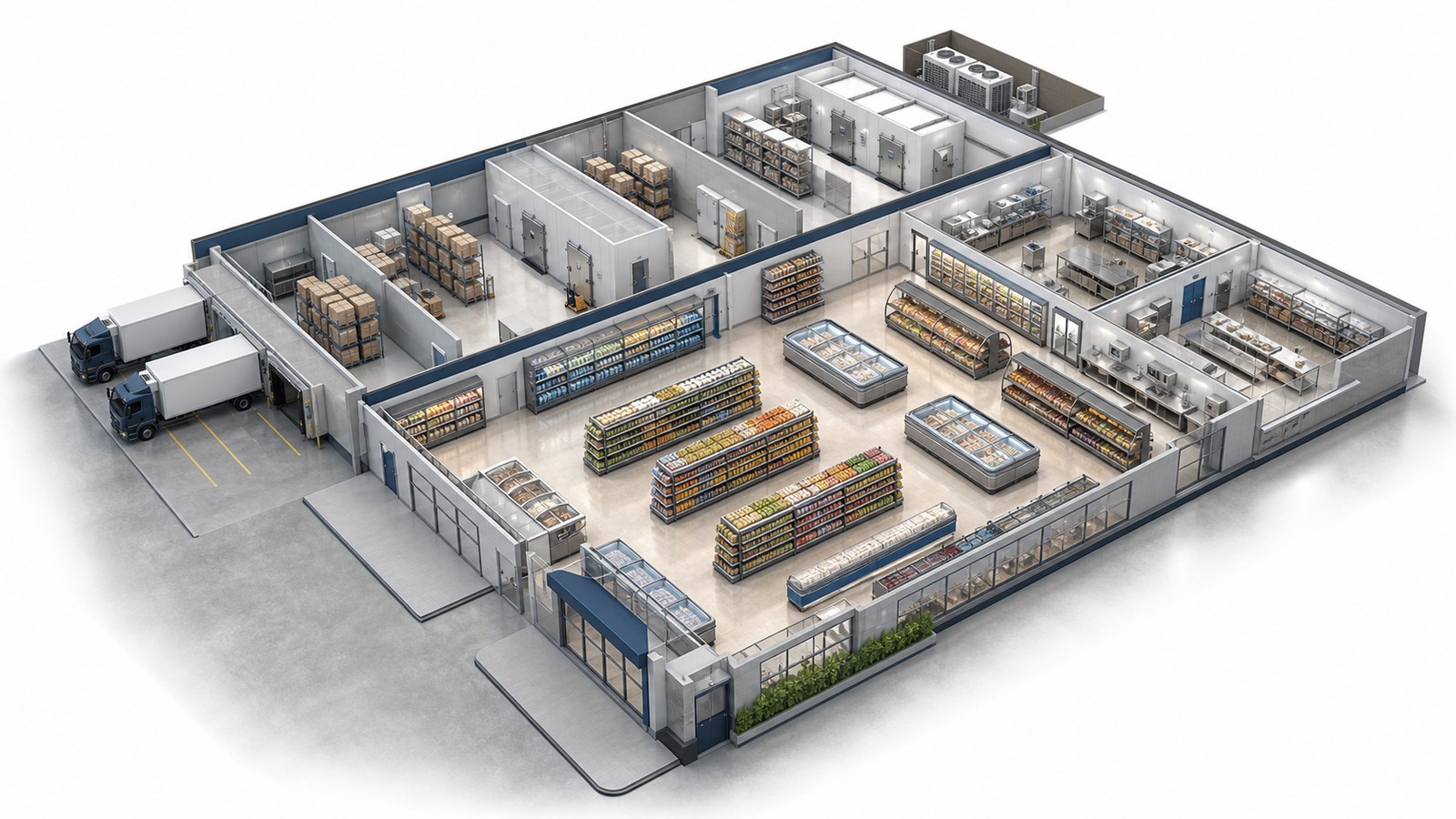 Maquete isométrica de supermercado com docas, câmaras, produção, ilhas e expositores